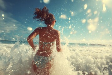Fototapeta premium Happy girl running into the sea with splashes and enjoying summer vacation on a tropical beach
