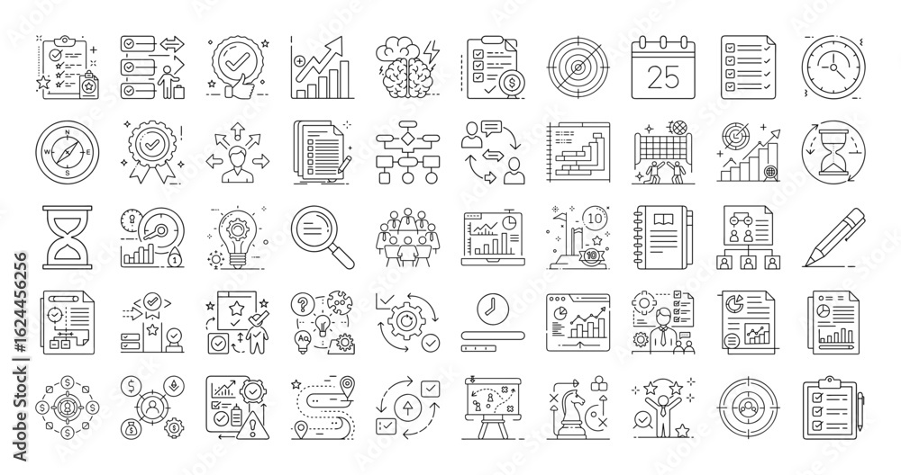 Poster large collection of outline icons representing business strategy and project management elements
