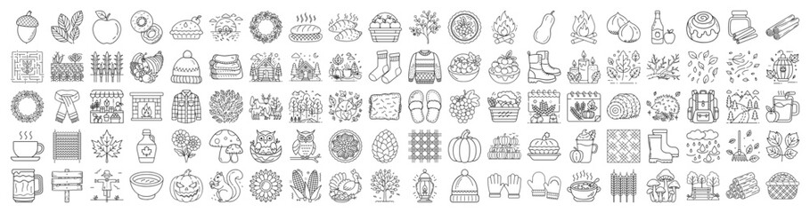 Fall and Autumn line drawing icons collection, set with seasonal elements