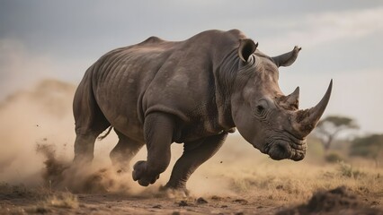 Obraz premium A powerful rhinoceros charges across a dusty savanna landscape.