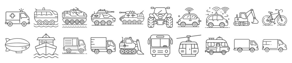 Simple outlined transportation icons featuring emergency vehicles, and construction equipment