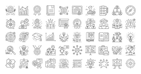 Collection of Business and Strategy Icons Depicting Success and Development in Line Art