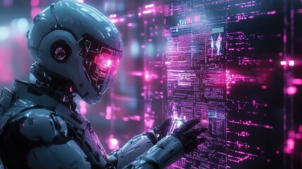 Futuristic Detailed Robot Analyzing Digital Code Display AI Technology Illustration