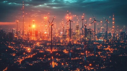 Futuristic Cityscape with Wind Turbines at Sunset Renewable Energy Concept