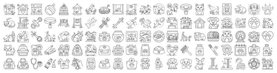 Diverse collection of black and white pet related icons in line art