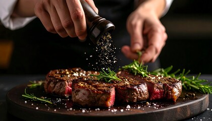 Gourmet Steak Seasoning: Close-up of Hands Seasoning Juicy Steaks