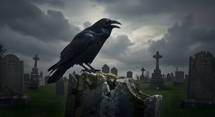 Fototapeta premium Darkened omen: A solitary raven perched upon a weathered gravestone in a graveyard