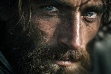 Obraz premium A rugged man gazes intently with piercing blue eyes, his beard reflecting the natural light. The close-up emphasizes his weathered skin and intense expression, showcasing lifes challenges