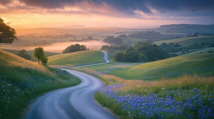Serene winding road through vibrant green hills at dawn