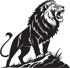 Roaring lion standing on rocks mane black