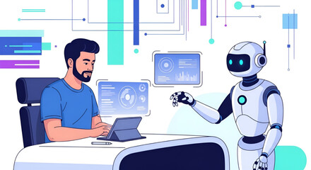 A bearded man works at a desk with a tablet while a white robot stands beside him, displaying data on screens in a modern office setting.