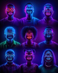 Diverse individuals smiling in neon colors.