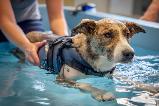 Hydrotherapy for Injured Dog, Rehabilitation Session, swimming in a hydrotherapy pool, compassionate animal healing. veterinary treatment, animal rehabilitation
