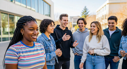 Obraz premium Diverse group of young university students smiling and talking outdoors on campus during a sunny day.