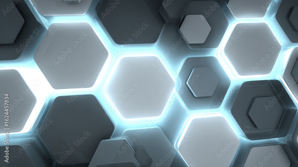 Poster 3d rendered hexagonal background with glowing blue lines and varying gray tones
