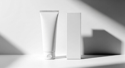 Clean white cosmetic tube and box mockup ready for branding, showcasing minimalist skincare packaging design
