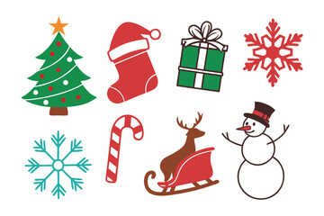 Festive Assortment: A cheerful ensemble of Christmas icons, including a decorated tree, festive stocking, wrapped gift, snowflake, candy cane, reindeer, sled, and snowman.