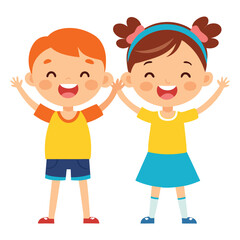 Happy cartoon kids playing with a ball, a fun illustration of friendship and childhood