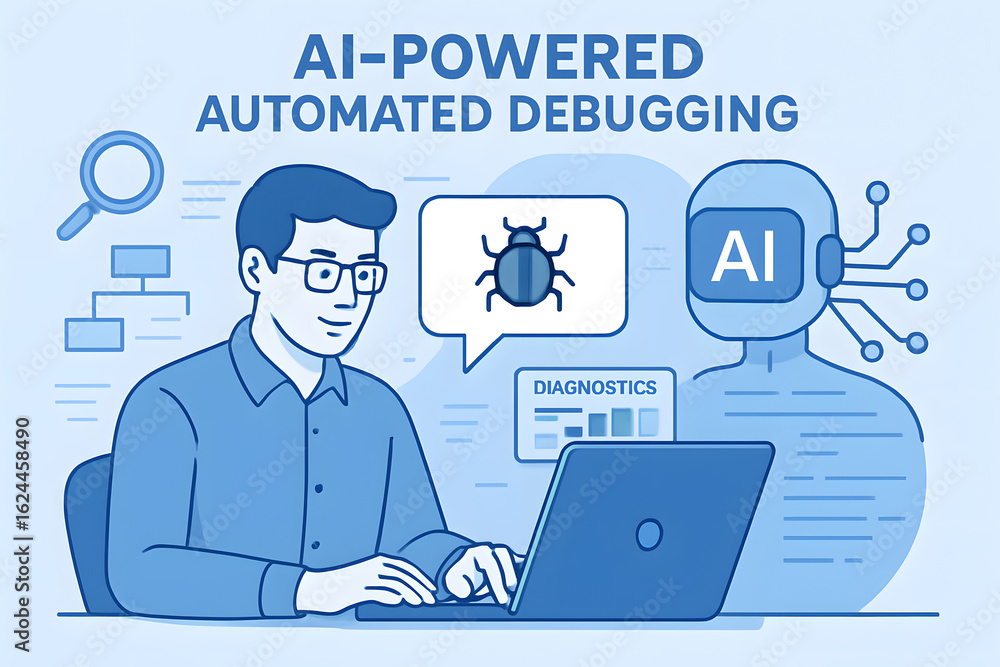 Poster ai-powered automated debugging: a tech-savvy professional employs advanced artificial intelligence t