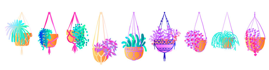 Neon Potted Houseplants – Colorful Vector Set of Indoor Plants in Gradient Style