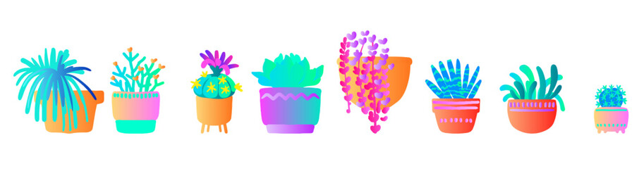 Neon Potted Houseplants – Colorful Vector Set of Indoor Plants in Gradient Style