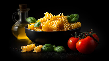 Bowl of fusilli pasta is beautifully presented with fresh basil leaves and ripe tomatoes, accompanied by bottle of olive oil, creating vibrant and appetizing scene