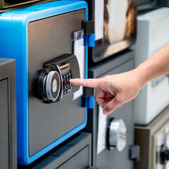 Hand try to press button on modern keypad lock on safe at home decor store. Customer choosing...