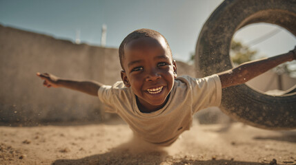 Happy young boy playing in the sand with a tire, enjoying childhood outdoors
