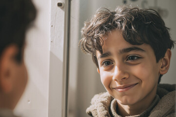 Happy young boy smiling at his reflection in the mirror, enjoying childhood moments