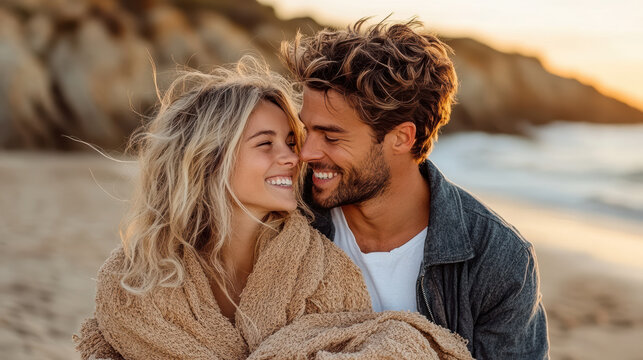 Cozy couple smiling together on beach at sunset, wrapped in blanket, enjoying romantic moment