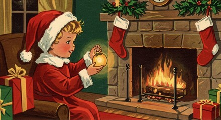 Christmas illustration of a young boy in a Santa hat admiring an ornament by the fireplace, festive scene
