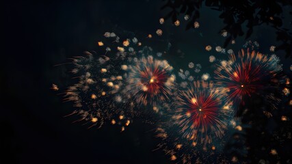 Naklejka premium Multicolor Firework Bursts in Night Sky: Explosion Trails and Ember Effects for Global Event Background Designs