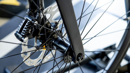 Modern bicycle front wheel with metal hub, spokes, disc brake rotors and caliper of road bike. Cycling mechanic parts