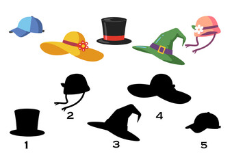 Variety of colorful hats and their shadows in a fun matching game layout