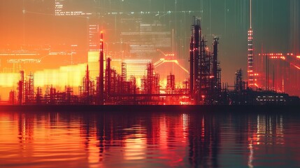 Futuristic Oil Refinery Silhouette With Glowing Data Stream Overlay Landscape