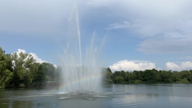 water fountain with rainbow in the schwanenteich park, zwickau east germany 4k