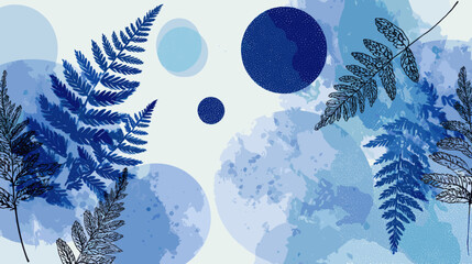 Stylish vector backgrounds with blue watercolor circles and fern leaves for design projects