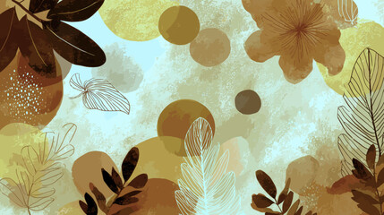 Vector floral pattern with leaves and abstract shapes in earthy tones, digital illustration, copy space
