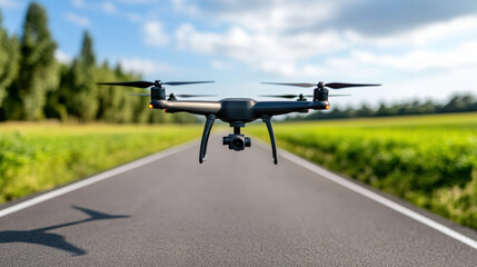 Drone flying over rural road surrounded by green fields, showcasing advanced technology