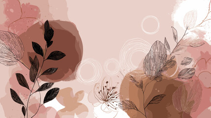 Floral and abstract design with branches and shapes in warm tones, digital illustration, copy space