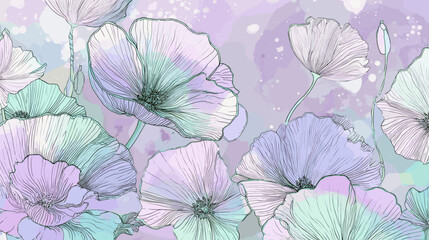 Flower illustrations in pastel colors, delicate sketches on a colorful background, copy space
