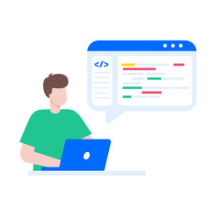 A flat style illustration showing a person typing code