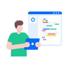 A flat style illustration showing a person code testing