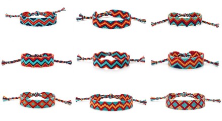 Set of patterned woven bracelets in vibrant colors and designs, creative accessory collection, copy space