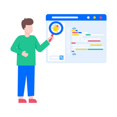 A flat style illustration showing a person debugging