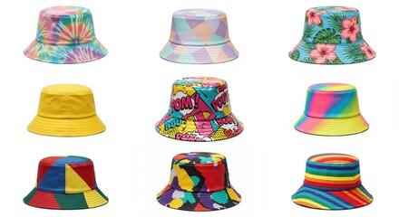 Set of colorful bucket hats with various patterns and designs, trendy summer accessories, copy space