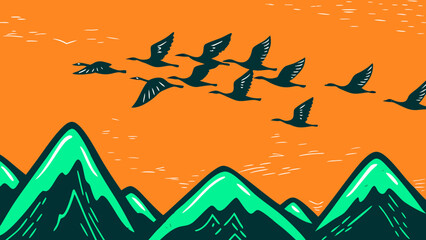 A vibrant sunset silhouette of flying birds over stylized green mountains with an orange sky.