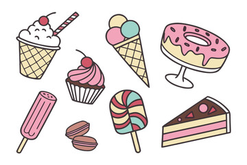 Sweet Tooth Delight: A vibrant array of desserts, including ice cream cones, cupcakes, and a popsicle, promise a moment of pure indulgence