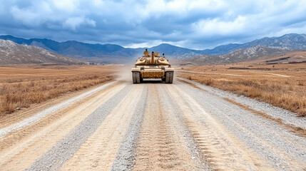 Naklejka premium Military tank driving on dirt road in mountainous landscape, showcasing power and strength