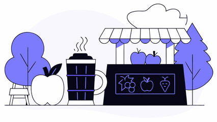 Stylish illustration of a fruit market stall with a coffee cup, apples, and cherry beyond trees in a modern, minimalistic design.